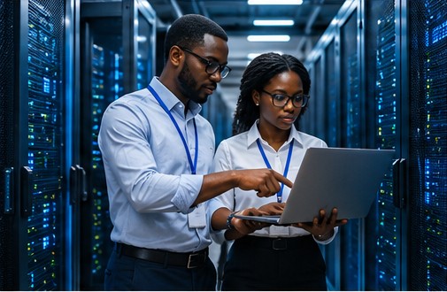 Spécialiste africain travaillant sur des systèmes numériques