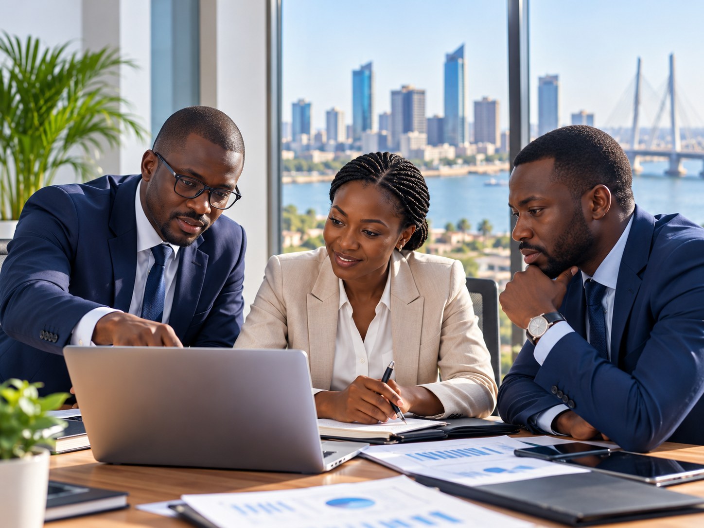 Équipe africaine de professionnels échangeant autour d'un projet